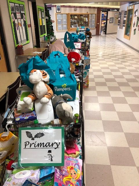 donations in hallway at Laurelwood PS