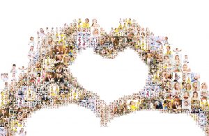 Collage of individual portraits, forming the shape of a heart.