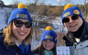 Family wearing blue toques