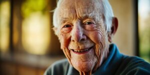 An elderly man wearing blue sweater smiles at the camera