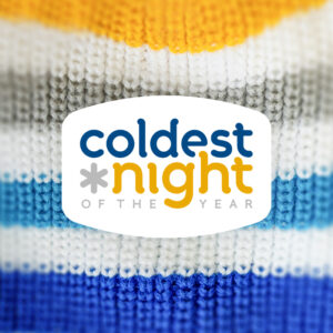 The Coldest Nights of the Year logo appears against a white knitted background with gold, grey, turquoise and blue horizontal lines